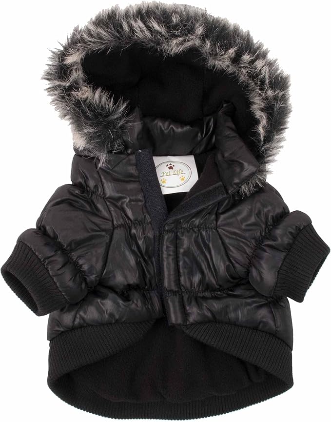 Pet Life Classic Metallic Winter Dog Coat with Zippered Removable Fur Hood - Dog Jacket Features 3M Thinsulate Insulation Warming Technology - Dog Clothes Sizing fits Small, Medium and Large Dogs,Black