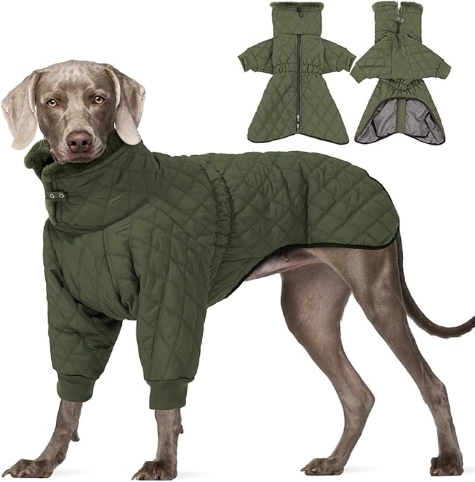 IDOMIK Dog Winter Coat for Large Dogs, Warm Dog Winter Jacket with Fleece High Collar, Zippered Cold Weather Coats for Dogs, Waterproof Doggy Snow Jacket Clothes,Green,L