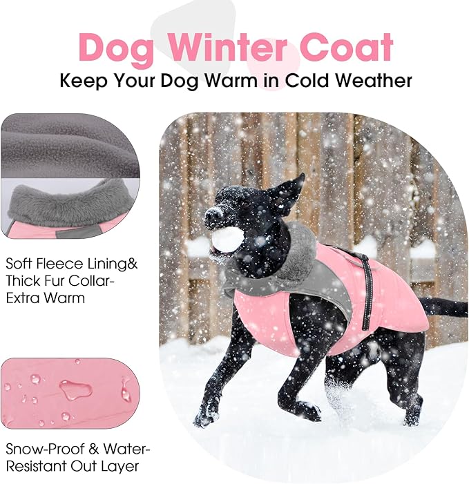 Nanaki Small Dog Coat for Winter Waterproof, Warm Fleece Lining Furry Collar Dog Jacket With Leash Hole, Reflective Adjustable Cold Weather Puppy Jacket Vest, Pullover Pet Snow Suit Male Female,Pink S