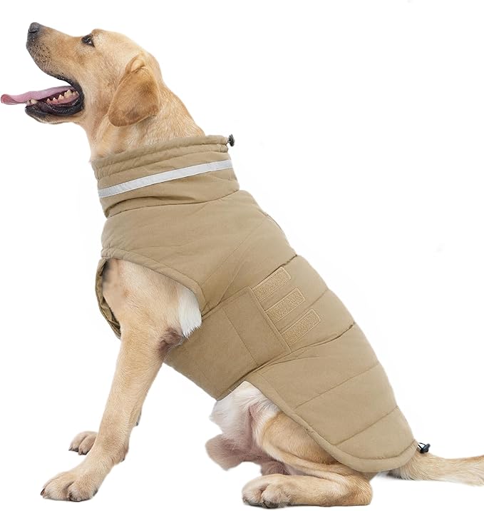 Dog Coat, Waterproof Winter Jacket, Warm Windproof Vest, Reflective Adjustable Turtleneck Coats for Large Dogs with Hook & Loop - Khaki - XL
