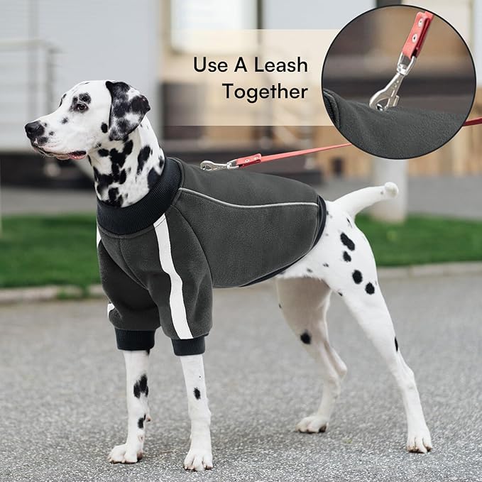 Queenmore Fleece Dog Sweater for Male Dogs, Soft Pullover Dog Sweatshirt with Leash Hole/Reflective Stripes – Cozy Winter Fleece Jacket for Small Medium Large Boy Puppy, Grey S