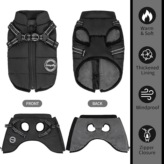 Warm Dog Winter Coat, Windproof Cold Weather Jacket, Reflective & Adjustable Black Pet Vest with Harness, Thick Polar Fleece Lining Cozy Apparel for Small Medium Dogs & Cats