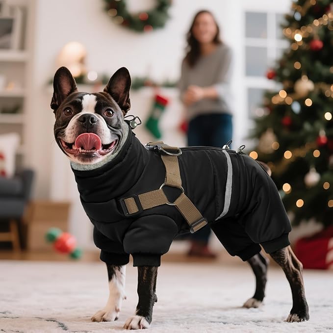 BRKURLEG Black Dog Coat with Harness, Dog Winter Jacket, Dogs Onesie Body Warm Jackets, Small Medium Dogs Winter Coats Reflective Windproof Warm Cold Weather Coats, Pet Waterproof Jacket Hiking XXL