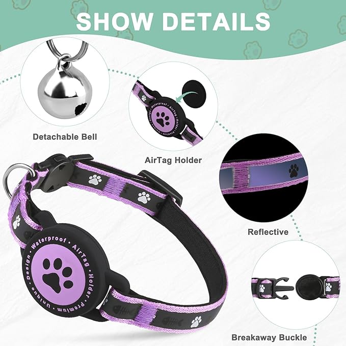 Airtag Cat Collar Breakaway, Reflective Cat Collar with AirTag Holder and Bell, Compatible with Apple Air Tag, Comfortable Padding, Adjustable, Durable (Purple, XS)