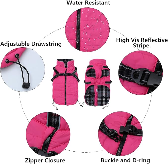 Geyecete Winter Warm Coat Waterproof Dog Winter Jacket with Harness Traction Belt,Pet Outdoor Jacket Dog Autumn and Winter Clothes for Medium, Small Dog-Pink-XL