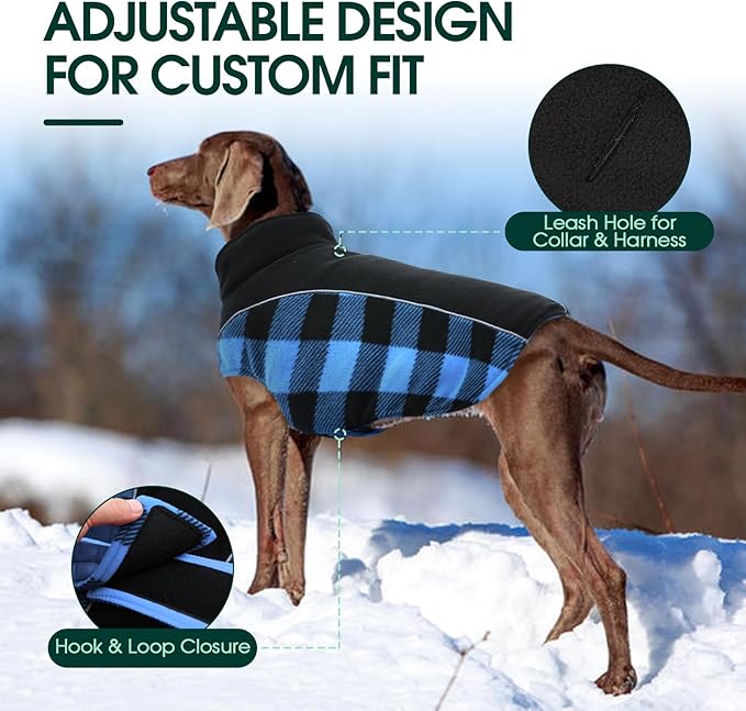 Kuoser Dog Winter Coat, Reversible Waterproof Dog Jacket with Leash Hole, Warm Dogs Fleece Vest Adjustable Doggy Cold Weather Clothes Plaid Christmas Outfit Pet Apparel for Extra Large Dogs, Blue 3XL
