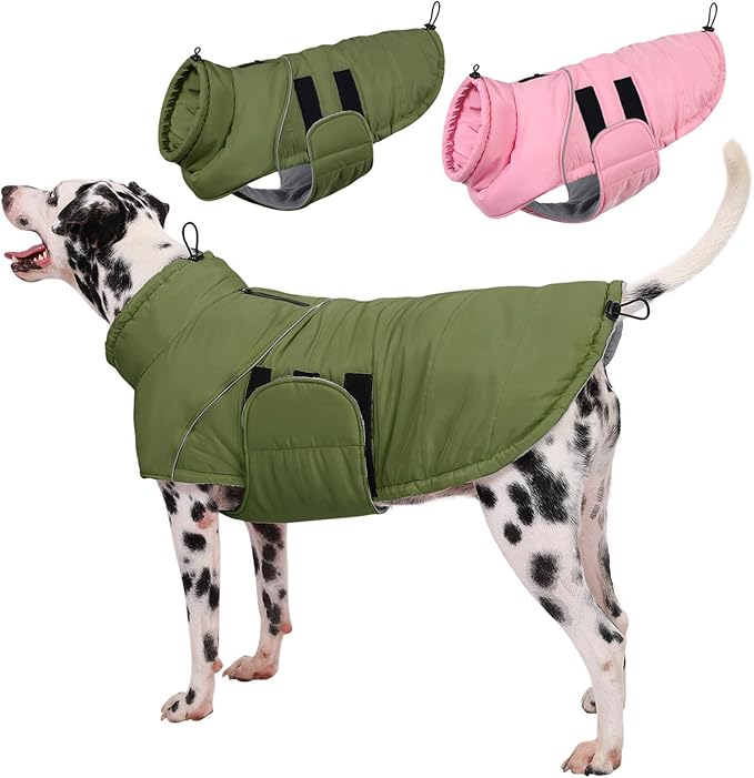 ASENKU Extra Warm Dog Coat - Winter Puffer Jacket with Fleece, Reflective, Adjustable, Zippered Leash Hole for Large Dogs (Green, 2XL)
