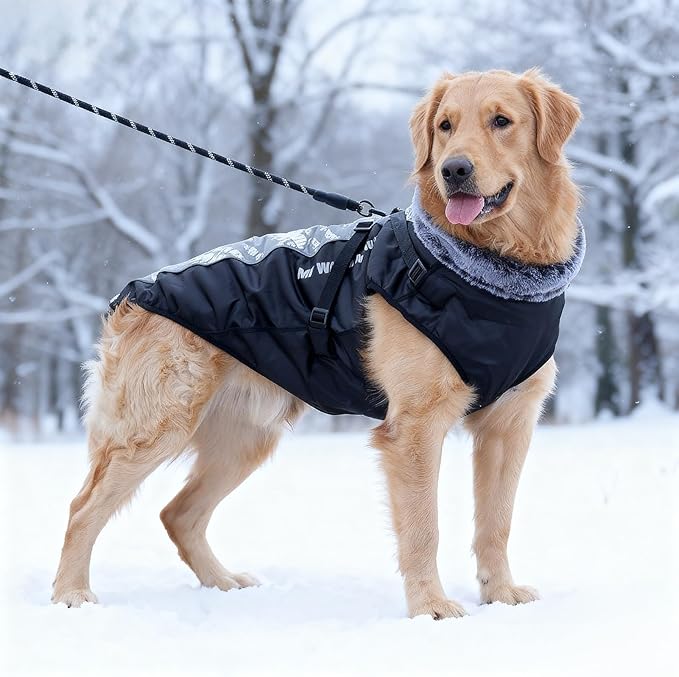 Dog Coat for Medium Large Dogs,Waterproof Reflective Dog Winter Jacket with Harness, Fleece Snowsuit,Warm Pet Winter Coat(Reflective white-4XL)