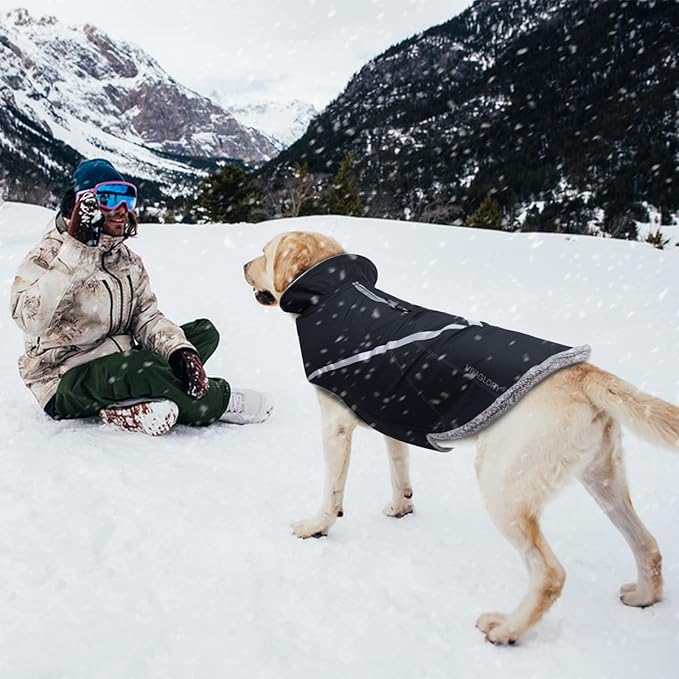 VIVAGLORY Snowrap Dog Coat, Jacket with Harness Hole & Velcro Closure, Dog Coat for Winter & Cold Weather, Fluffy Warm Fleece Lined Reflective Water Resistant for Puppy, XS, Black