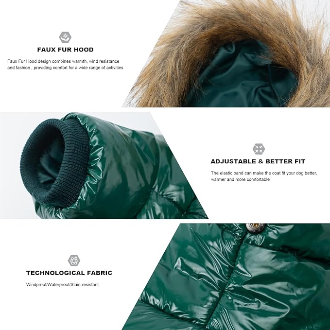 PINA Dog Winter Coat with Faux Fur Hood, Windproof and Warm, Suitable for Small to Large Dogs, Green, S