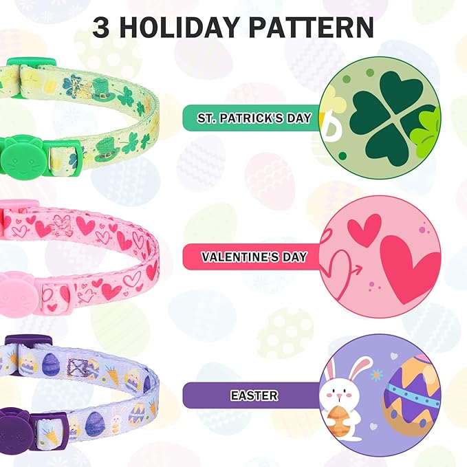 3 Pack St. Patricks Day Cat Collar Breakaway with Bell, Shamrock Irish Kitten Collar for Boys and Girls, Easter Valentine's Day Holiday Kitty Collar Adjustable 8"-12" for Puppy Small Pet