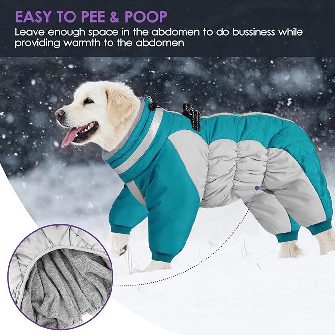 SUNFURA Full Body Dog Coat - Warm Fleece Jacket for Large Dogs, Turtleneck Winter Coats with Harness, Reflective Dog Snowsuit Windproof Puffer Jackets with Legs for Weimaraner, Turquoise XL