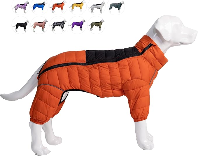 Dog Coat Dog Warm Jacket, 4 Legs Covered Waterproof Windproof Reflective Warm Dog Vest, Zippered Adjustable Outdoor Dog Snow Jacket for Small Medium Large Dogs Orange L