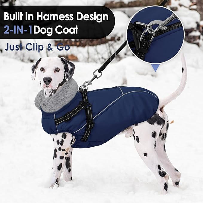 AOFITEE Dog Coat, Waterproof Dog Jacket with Harness Built in, Dogs Coats for Lage Dogs, Warm Fleece Zipped Pet Puffer Jacket, Outdoor Cold Weather Coats Pet Snowsuit for French Bulldog, Blue L