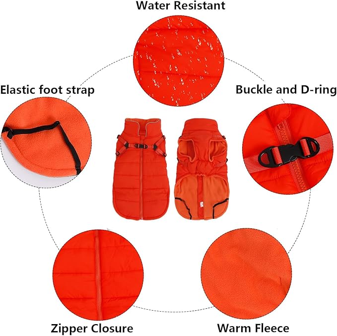 Geyecete Winter Warm Coat Waterproof Dog Winter Jacket with Harness Traction Belt,Windproof Pet Outdoor Jacket Dog Autumn-Orange-XL
