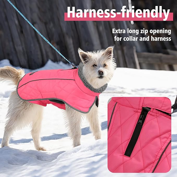 Fragralley Dog Coat Large, Waterproof Dog Jacket with Warm Fleece Lining, Adjustable Reflective Dogs Winter Coat, Turtleneck Pet Coats for Cold Weather (Pink XL)
