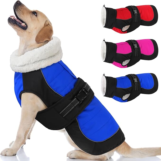 Dogcheer Waterproof Dog Coat, Christmas Dog Winter Jacket, Adjustable Puppy Fleece Coat for Cold Weather, Reflective Turtleneck Snow Jacket for Small Medium Large Dogs - Blue, M