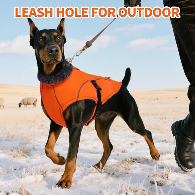 DENTRUN Large Dog Coat - Thick Fleece Lined Reflective Winter Jacket, Snap Closure & Leash Hole, Warm Thick Fleece Lined, Plush Turtleneck Vest for German Shepherd, Orange, XXL