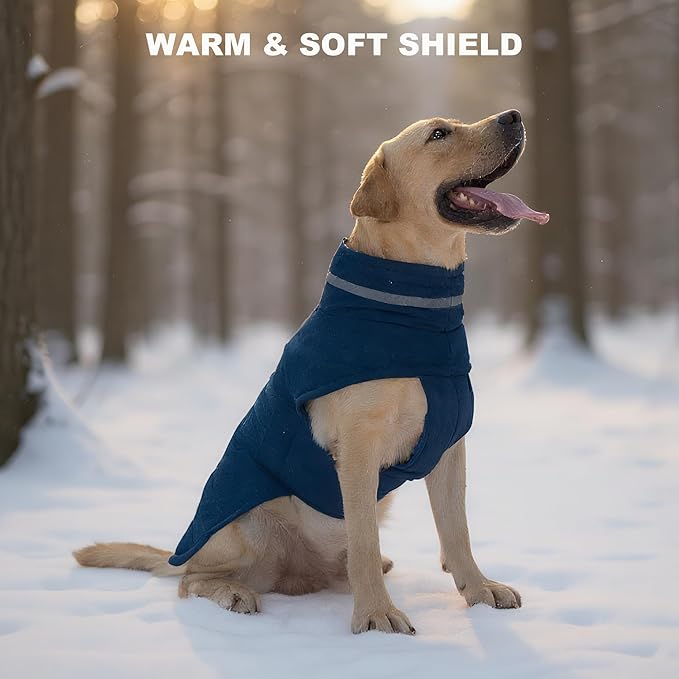 Dog Coat, Waterproof Winter Jacket, Warm Windproof Vest, Reflective Adjustable Turtleneck Coats for Medium and Large Dogs with Hook & Loop - Blue - L