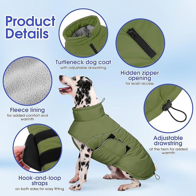 ASENKU Extra Warm Dog Coat - Winter Jacket with Fleece, Reflective, Adjustable, Zippered Leash Hole for Large Dogs (Green, 3XL)