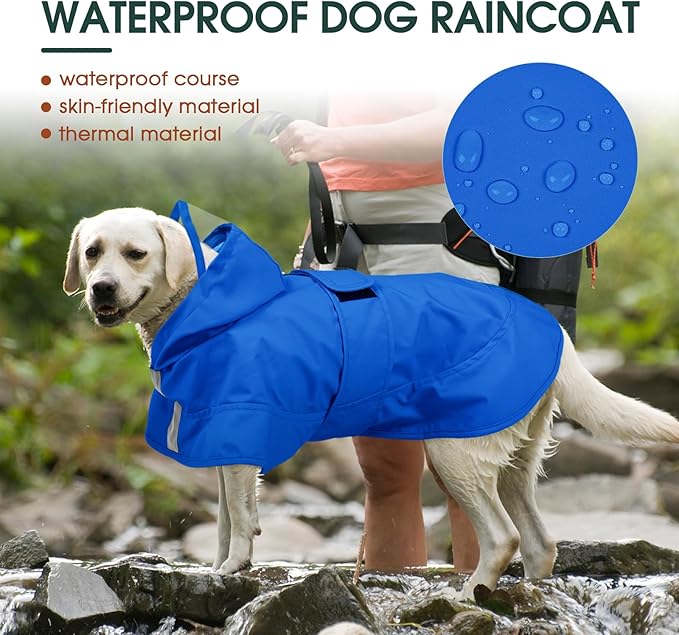 Kuoser Dog Raincoat, Waterproof Dog Rain Jacket with Clear Hooded Double Layer, Lightweight Reflective Dogs Rain Coat with Adjustable Belly Strap, Rain Coats for Medium Dogs Outdoor Wear, Blue M