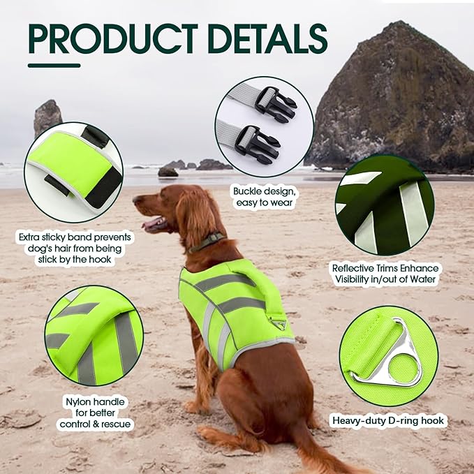 Kuoser Medium Dog Life Jackets - Reflective Swim Vests for Beach & Boating, Green