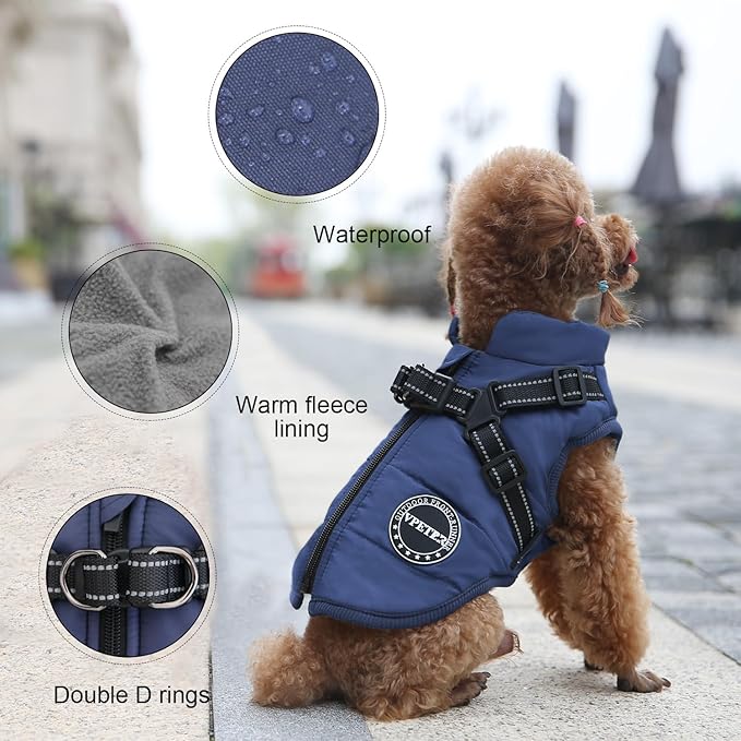 Dog Winter Coat,Warm Jacket Paded Fleece Pet Vest with Built in Harness, Windproof Reflective Cozy Adjustable Snow Pet Coat Clothes with Zipper for Small Medium Large Dogs