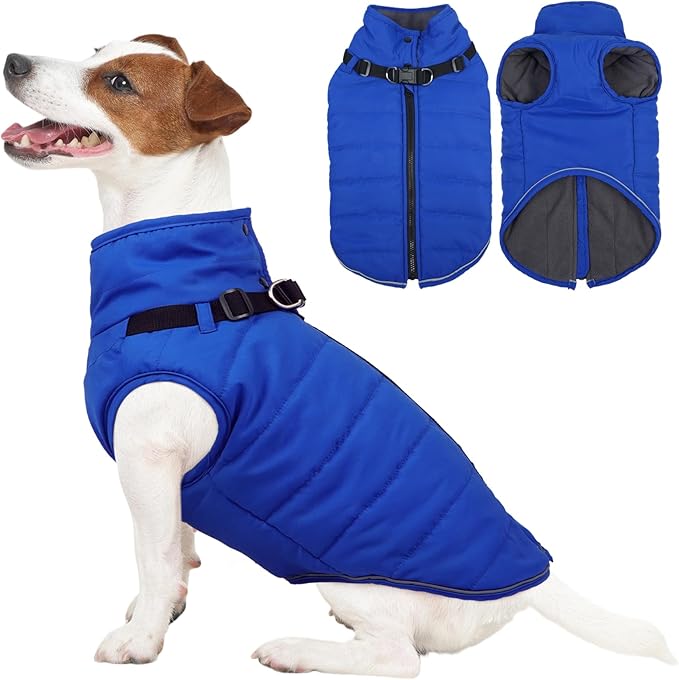 Kuoser Dog Jacket, Warm Dog Coat with Harness Built in for Small Dogs, Puppy Winter Jacket Pet Clothes for Cold Weather, Windproof Doggie Winter Vest for Pug Dachshund, Blue S
