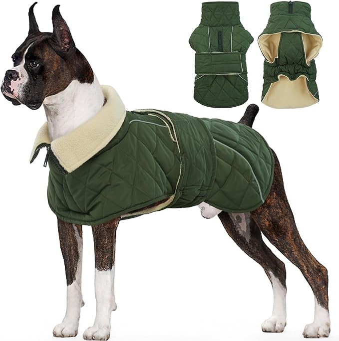 Kuoser Extra Warm Dog Jacket, Windproof Fleece Lined Turtleneck Snowsuit for Dogs, Easy On/Off Dog Coats for Medium Large Dogs, Quilted Cold Weather Pet Winter Coat Thermal Clothes, Green L