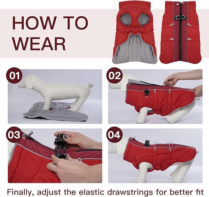 Medium Dog Coat Dog Winter Jacket,Warm Zip Up Snowsuit Dog Harness Vest Reflective Water-Resistant Dog Coat Dog Snow Jacket for Medium Dogs Jack Russell, Mini Schnauzer, Red