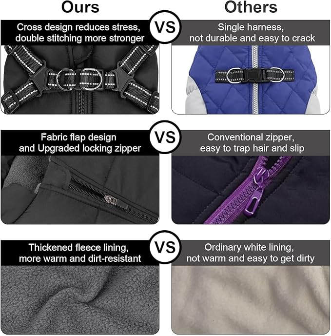 Warm Dog Winter Coat, Windproof Cold Weather Jacket, Reflective & Adjustable Black Pet Vest with Harness, Thick Polar Fleece Lining Cozy Apparel for Small Medium Dogs & Cats