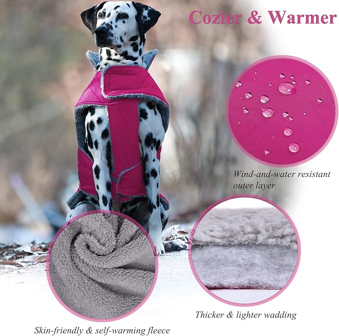 VIVAGLORY Frostfit Dog Coat, Dog Jacket for Winter & Cold Weather, Warm Fluffy Fleece Lined Water Resistant Reflective for Puppy, Coat with Velcro Fastening & Leash Hole, M, Fuchsia