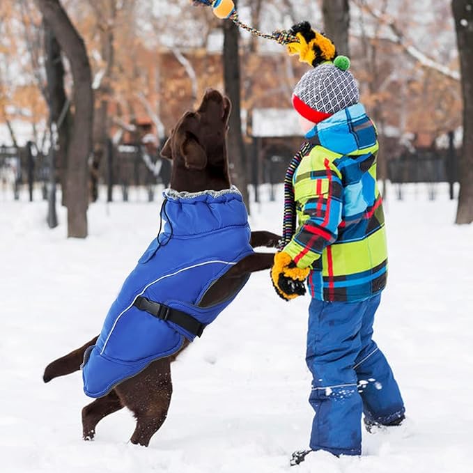 DENTRUN Large Dog Coat - Thick Fleece Lined Reflective Winter Jacket, Snap Closure & Leash Hole, Warm Thick Fleece Lined, Plush Turtleneck Vest for German Shepherd, Blue, XXL