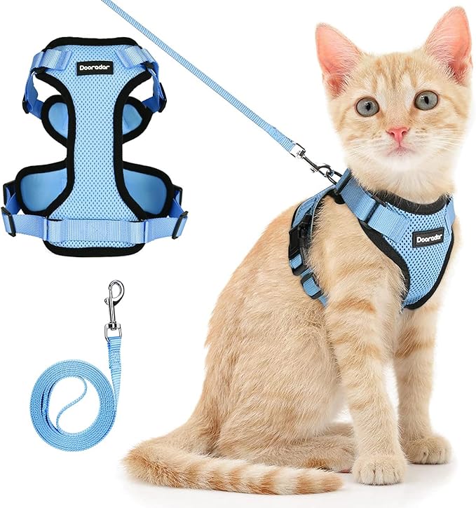Dooradar Cat Harness and Leash Set, Escape Proof Safe Adjustable Kitten Vest Harnesses for Walking, Easy Control Soft Breathable Mesh Jacket with Reflective Strips for Cats, Light Blue, M