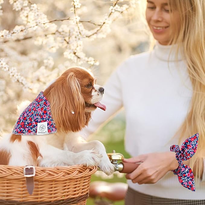 E-Clover Cute Girl Dog Bandanas & Matching Scrunchie Set Heart Dog Bandana Scarf with Bow Hair Ties for Medium Large Dogs Pet Owner Mom Gifts Pink Floral