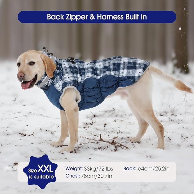 FUAMEY Dog Coat for Small Dogs,Waterproof Dog Winter Jacket with Harness Built in Puppy Cold Weather Coats Reflective Pet Vest with Zipper Warm Fleece Dogs Snowsuit Windproof Blue Plaid S