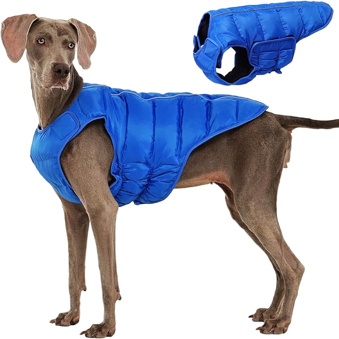 Kuoser Dog Puffer Jacket Warm Dog Coat for Extra Large Dogs, Windproof Reflective Pet Padded Vest Cold Weather Clothes Puppy Snowsuit with Hook & Loop Coats, Easy On/Off, Blue 2XL