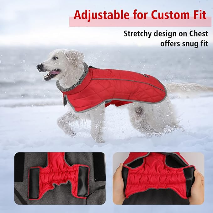Fragralley Dog Coat Medium, Waterproof Dog Jacket with Warm Fleece Lining, Adjustable Reflective Dogs Winter Coat, Turtleneck Pet Coats for Cold Weather (Red M)