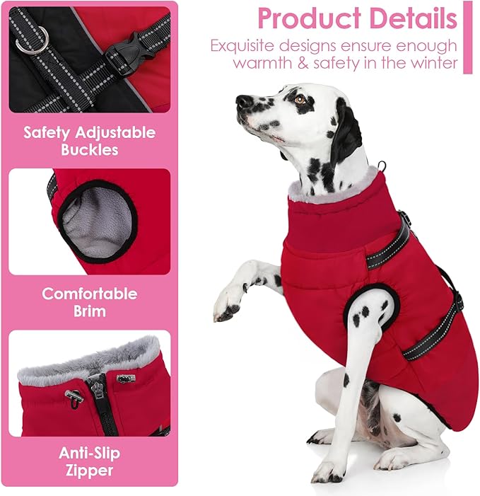 AOFITEE Dog Coat for Large Dogs, Waterproof Dog Winter Jacket with Built in Harness, Warm Turtleneck Cold Weather Coats Large, Reflective Fleece Lined Snow Jacket for French Bulldog, Boston Terrier, L
