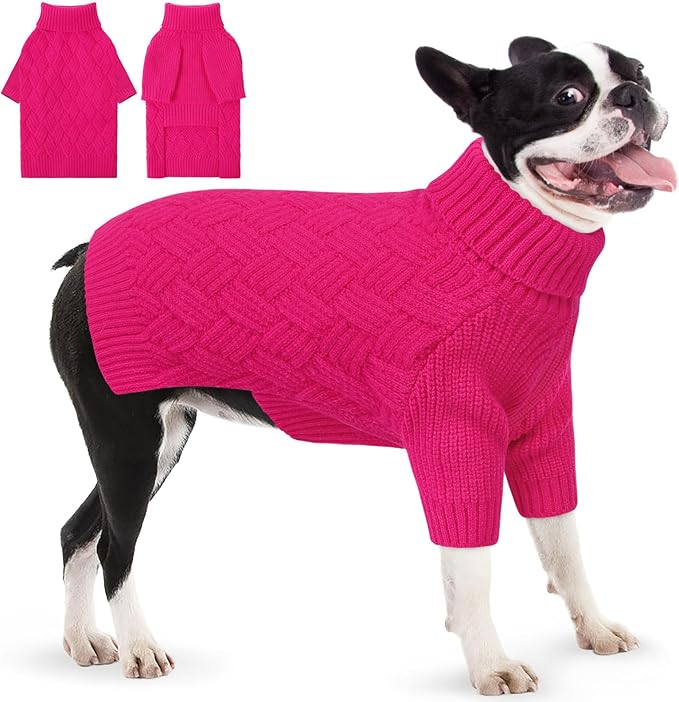 AOFITEE Dog Sweater, Dog Sweaters for Medium Dogs Girl, Warm Dogs Christmas Sweater, Winter Medium Pet Sweaters Female Male, Turtleneck Knitwear for French Bulldog, Boston Terrier (Rose Red, M)