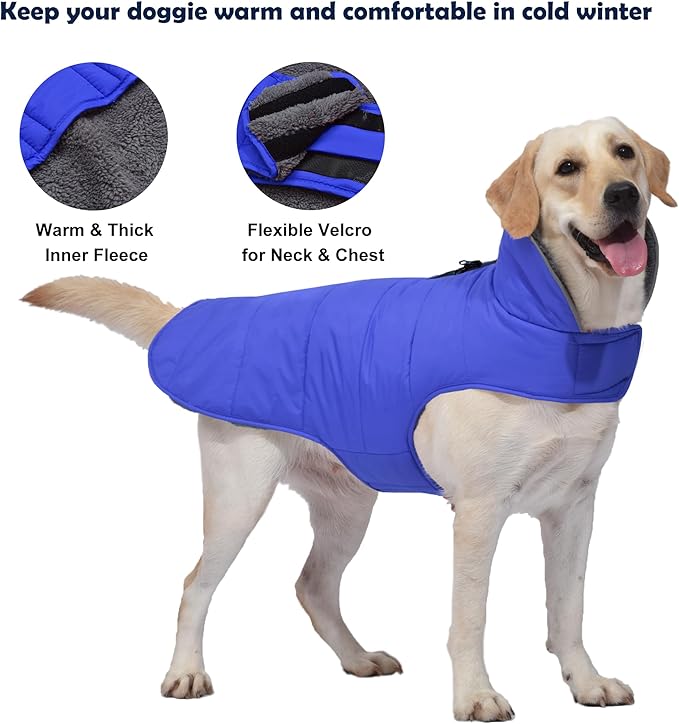 Dog Winter Coat, Waterproof Dog Jacket with Leash Hole, Reflective Adjustable Pet Snow Vest, Warm Fleece Sweater for Small Medium Large Dogs - Blue, S