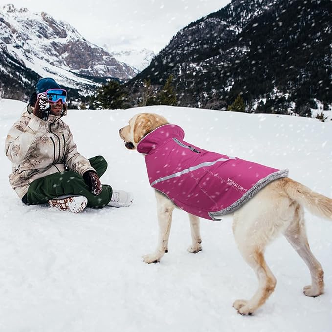 VIVAGLORY Snowrap Dog Coat, Jacket with Harness Hole & Velcro Closure, Dog Coat for Winter & Cold Weather, Fluffy Warm Fleece Lined Reflective Water Resistant for Puppy, XS, Fuchsia