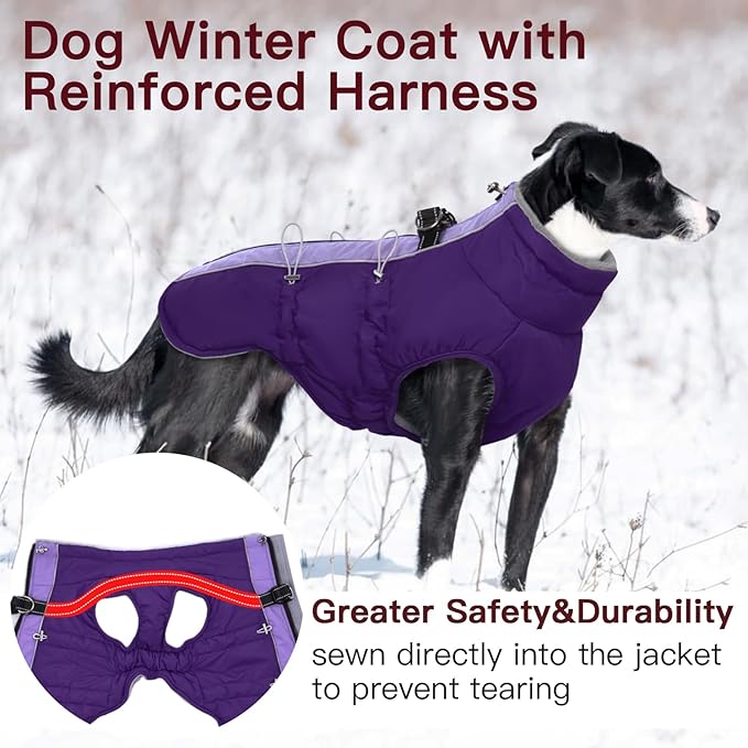 Dog Coat Winter Warm Dog Jackets for Large Dogs Reflective Snowsuit with Harness Fleece Dogs Snow Jacket Waterproof Pet Clothes for Cold Weather