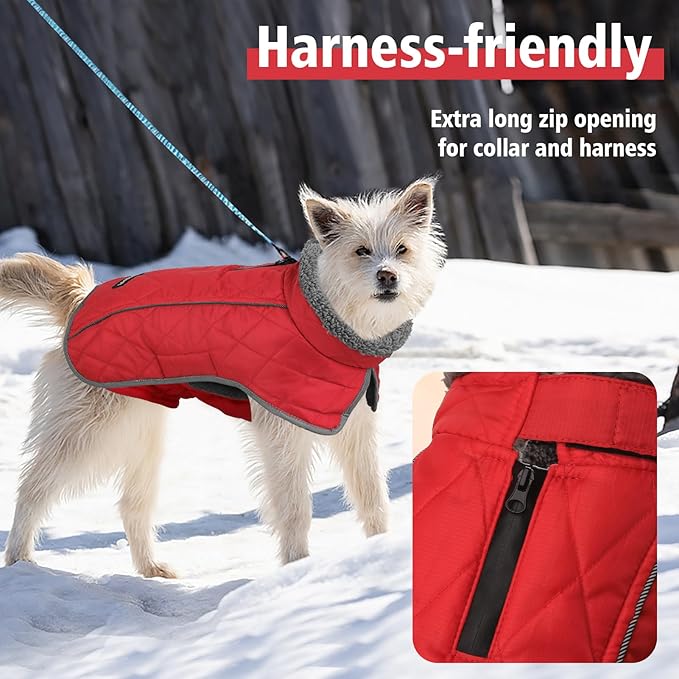 Fragralley Dog Coat Medium, Waterproof Dog Jacket with Warm Fleece Lining, Adjustable Reflective Dogs Winter Coat, Turtleneck Pet Coats for Cold Weather (Red M)