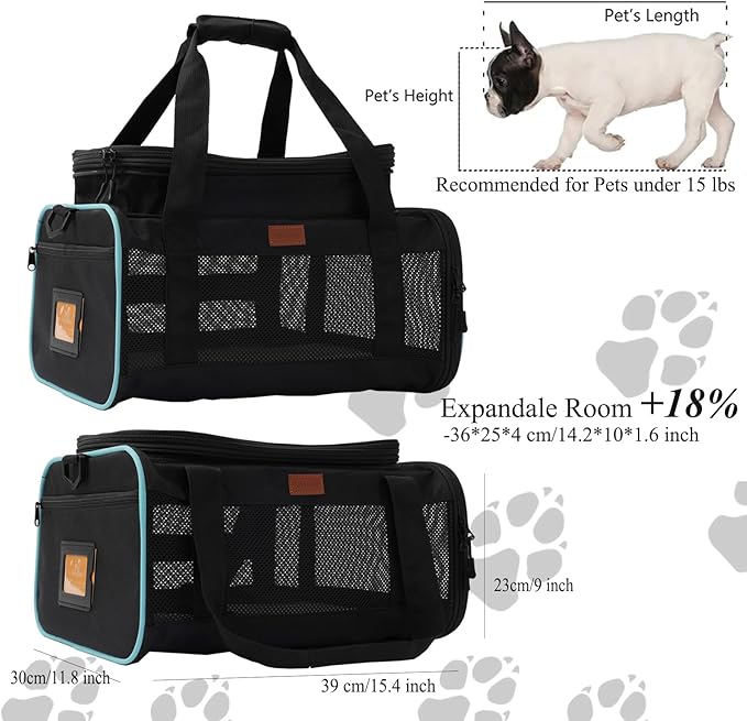 HSC PET Soft Cats Carrier Small Dog Carriers Airline Approved Softsides Pets Bag,Black,Lightweight,Luxury Style,Top Expandable,Guaranteed on Cabin Board Flight Travel Recommend Under 15 lbs (Black)