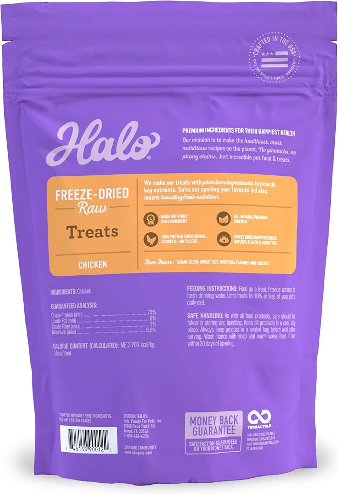 Halo Freeze Dried Raw Dog Treats, 100% Chicken Breast Recipe, Dog Treats Pouch, All-Natural High Protien Treat, 3.7 Oz Pouch