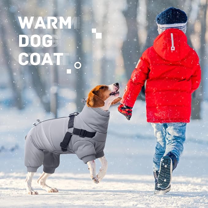 BRKURLEG Grey Dog Winter Coat, Cozy Winter Dog Jackets, Small Dogs Coat with Harness, Onesie Body Warm Puppy Jacket, Pet Reflective Windproof Cold Weather Jackets, Puppy Four-Legged Puffer Coats, L