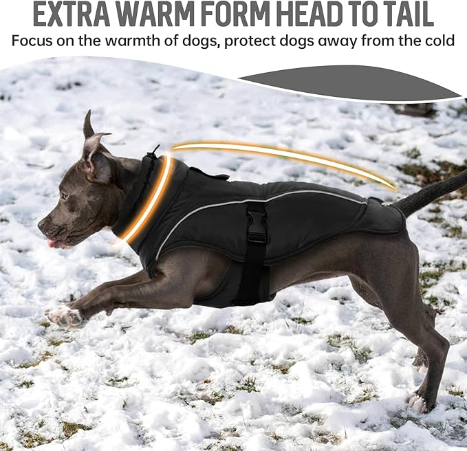 DENTRUN Large Dog Coat - Thick Fleece Lined Reflective Winter Jacket, Snap Closure & Leash Hole, Warm Thick Fleece Lined, Plush Turtleneck Vest for German Shepherd, Black, XXL