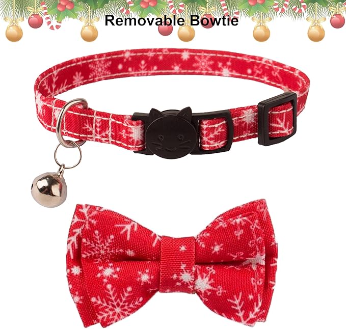 ADOGGYGO Christmas Cat Collar Breakaway with Bowtie Bell - 2 Pack Santa Snowflake Xmas Kitten Collar with Removable Bowtie Christmas Bow tie Collar for Kitten Cat