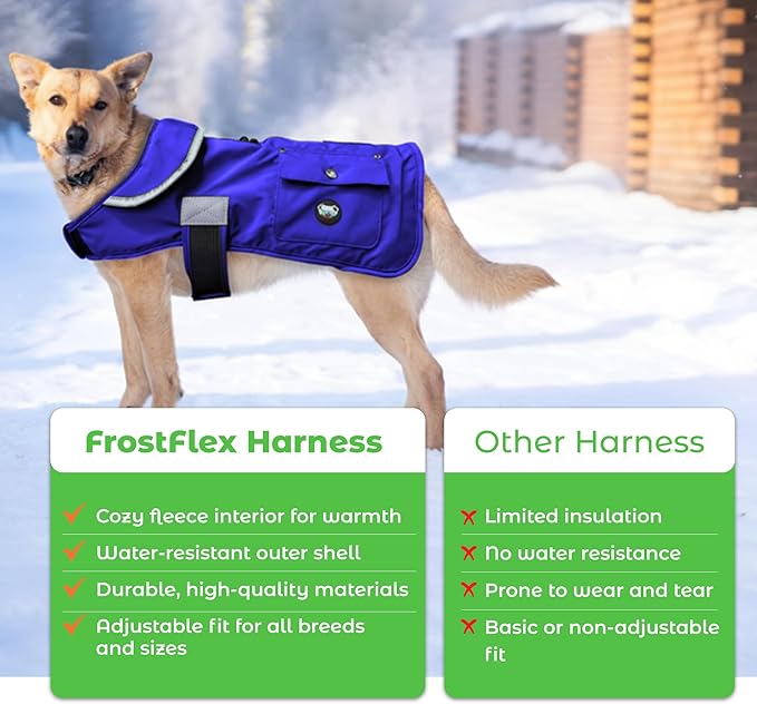 Joyride Harness FrostFlex Dog Winter Jacket - Fleece Lined & Water-Resistant - Snowsuit with Pockets for Treats & Poop Bags - Durable Cold Weather Dog Coat - Blue Serenity-L